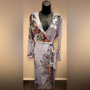Blue Floral surplice wrap hi-low dress with built in shorts.